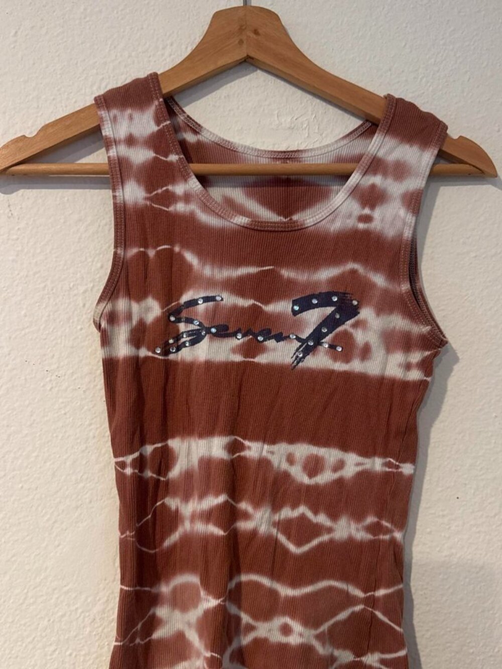 Seven For All Mankind Brown and white tie-dye tank top with rhinestone logo